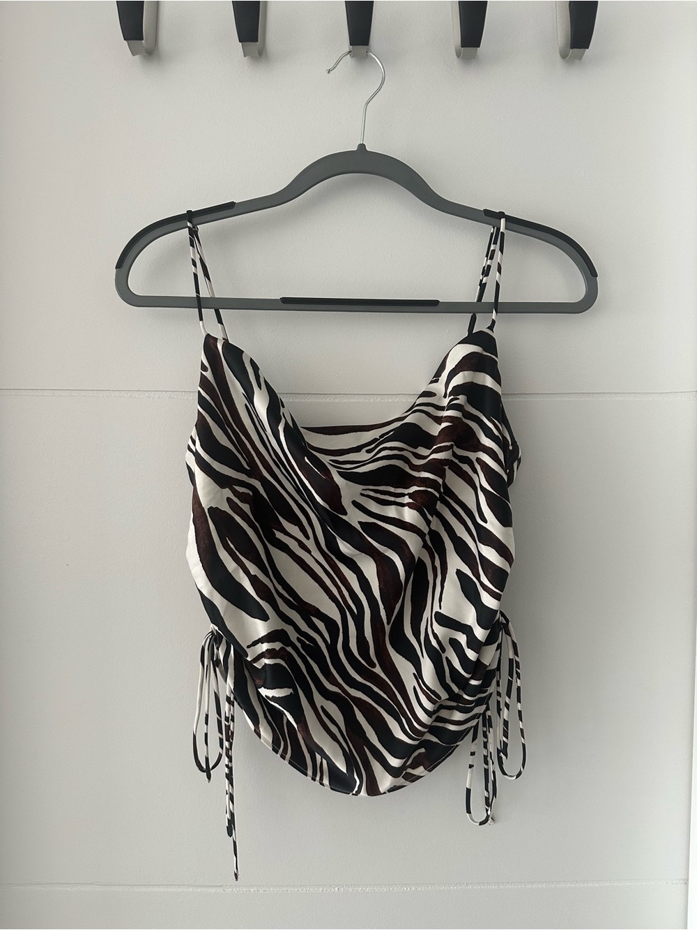 Dynamite Zebra Print Cowl Neck, Drawstring Side Camisole